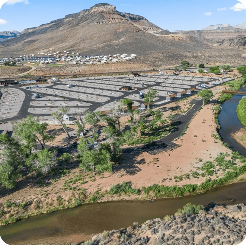 Campsite surrounded by desert and river