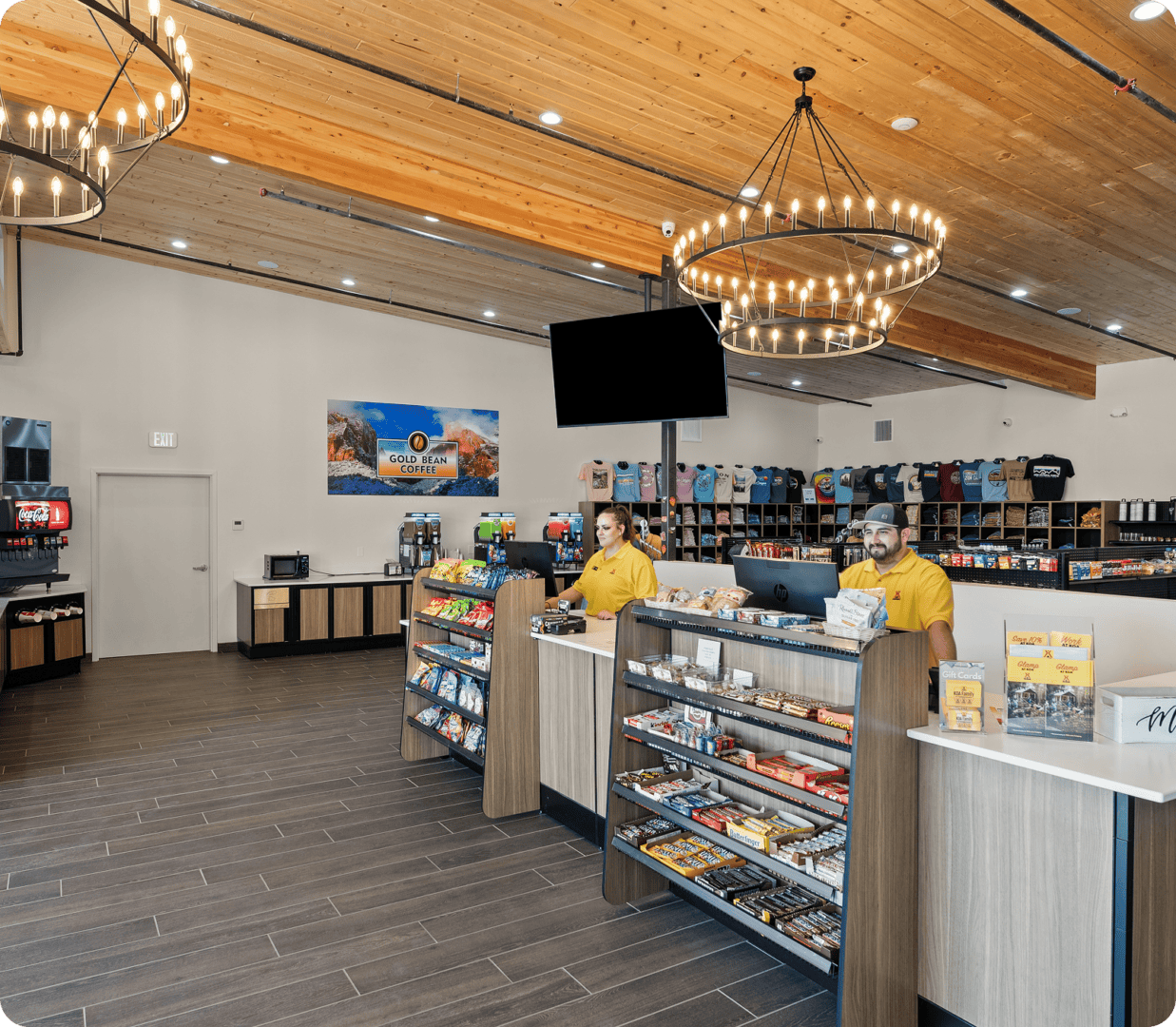 Modern store with wooden ceiling