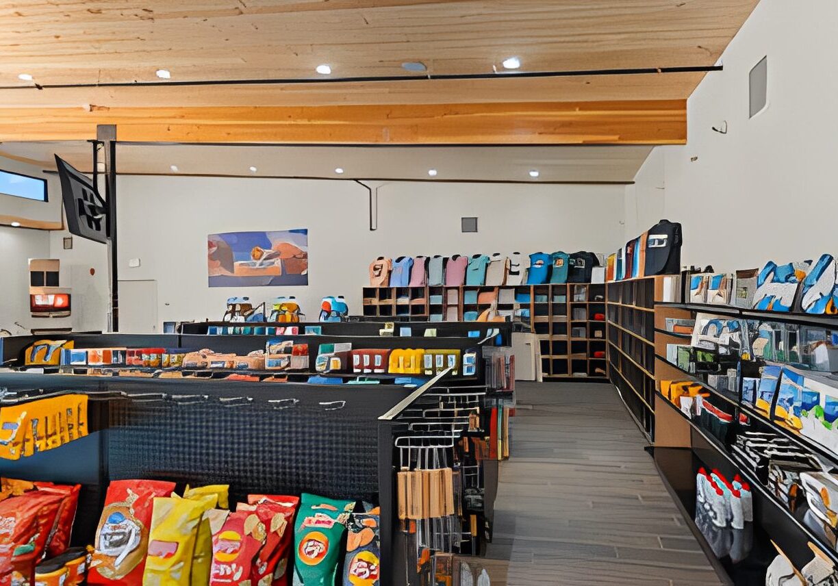 Pet store with various products on shelves.